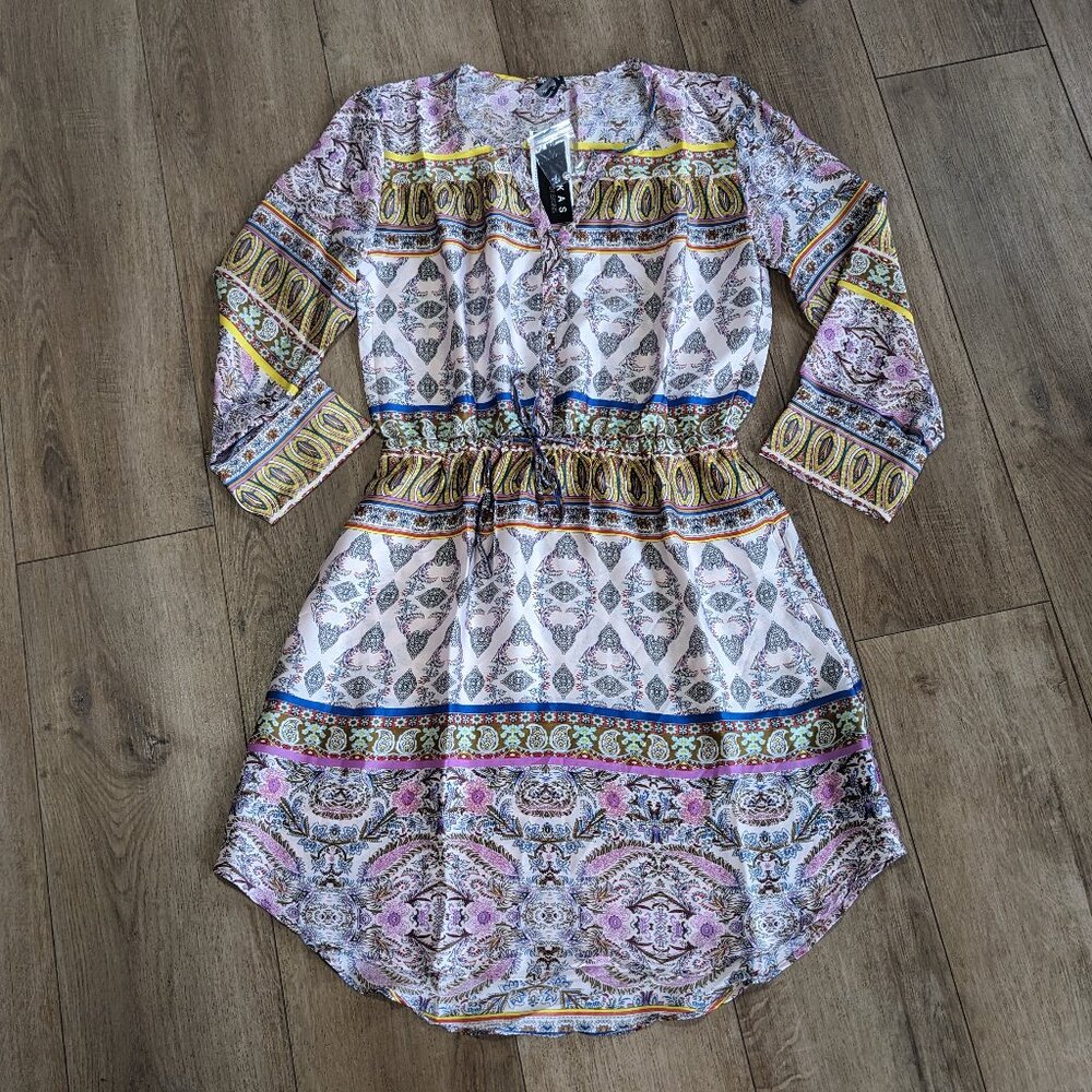 NWT KAS DESIGNS Summer Dress 3/4 Sleeve Boho Floral V-Neck Buttons Lightweight M